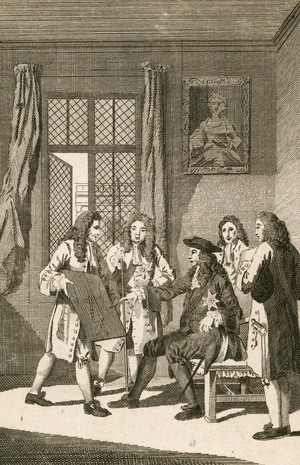 Sir Christipher Wren presenting to King Charles II his plan for rebuilding London (engraving)