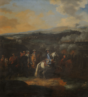 A battle scene with King Louis XIV mounted on a grey horse (oil on canvas)
