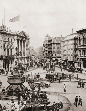 Piccadilly Circus, London, City of Westminster, England in 1910.  From The Story of 25 Eventful Years in Pictures published 1935