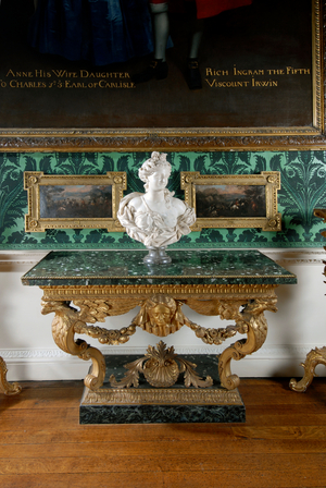 One of a pair of console tables, 1740 (gilt pine & marble)