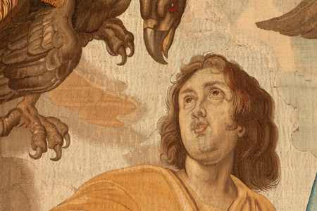 Flemish tapestry. Series The Triumph of the Eucharist. The four evangelists (Los cuatro evangelistas). Eleventh tapestry in the series. Model Peter Paul Rubens. 1626-1628. Manufacture Jan II Raes, Hans Vervoert, Jacques Fobert, Brussels, 1627-1632. Fabric Silk and wool.