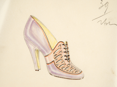 Purple and Orange Heeled Court Shoe with Cut Out and Multiple Buckle Detail, from 'Die Schuhmode', pub. 1924/25 (crayon on tissue paper)