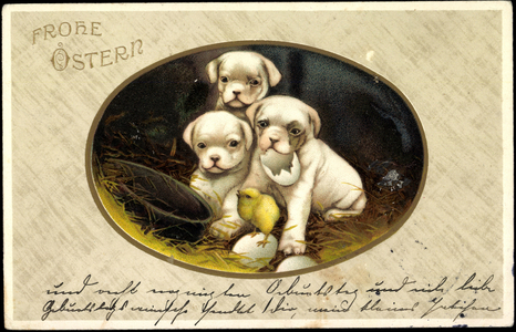 Artist Happy Easter, dog puppies, chicks, straw