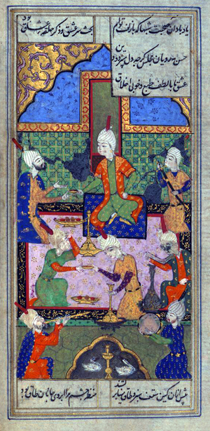 Iran / Persia: A reception with poetry and music. Miniature from a Divan of Hafez Shirazi, Safavid, 16th century