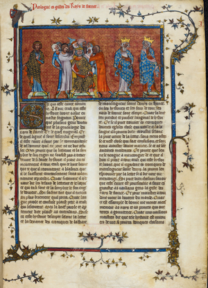 Royal 16 G. VI, f.3 The Coronation of Pharamond, illustration from the 'Chroniques de France', c.1332 (vellum)