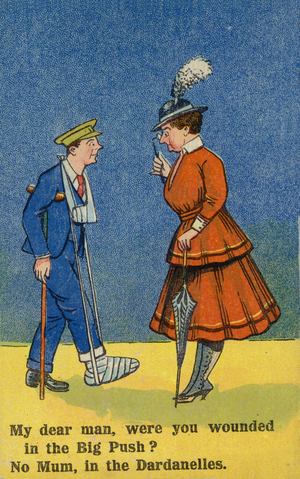 Woman taking to a wounded soldier (colour litho)