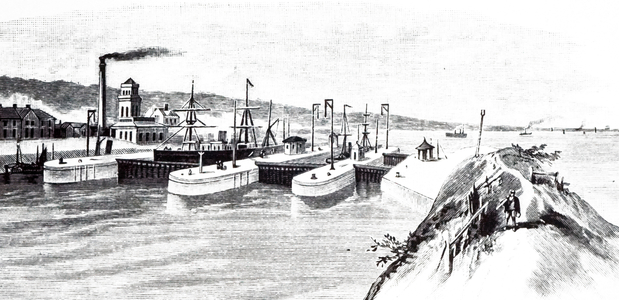 An engraving depicting the Eastham Locks at the entrance to the Manchester ship canal, 19th century