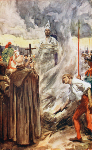 Jan Hus burned at the stake, 1415 (colour litho)