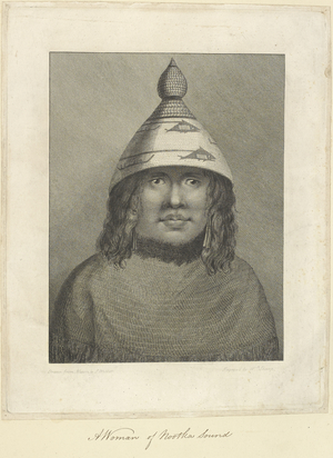 Woman of Nootka Sound. Drawn from nature by John Webber and engraved by William Sharp. The head and shoulders of a woman wearing a cedar bark rain cape with a sea otter fur collar and a basketry rain hat with a bulbous top decorated with scenes of whale-hunting.