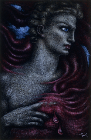 Portrait of an angry-looking woman with red drapery and tears, 1948 (coloured crayons and gouache paint on black paper)