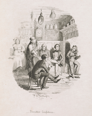 "Boundless confidence". A group of men in a room sitting, talking and smoking.