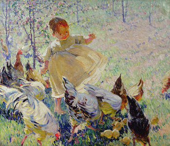 Feeding the Chickens (oil on canvas)