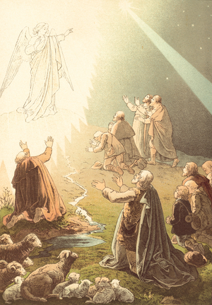 Shepherds watching their sheep (colour litho)