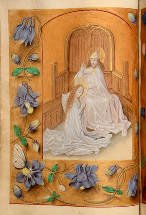 Ms 60 fol.38v Coronation of the Virgin, from the Hours of Katherine Bray, c.1480-90 (gouache & bodycolour on vellum)
