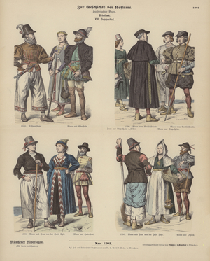 Frisian costumes, 16th Century (coloured engraving)