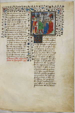 Miniature of Alexander, preceeded by priests, entering the Temple of Jerusalem