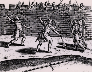 Roman spearmen attacking walls of besieged fortress