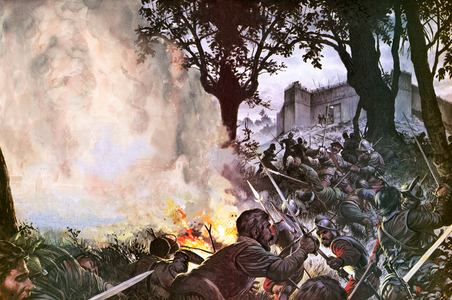 Sir Walter Raleigh's men attacking a Spanish fort (colour litho)