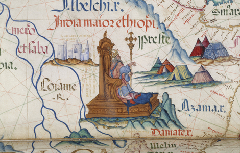 [Detail] Prester John sitting on his throne in Ethiopia; part of a map of East Africa. He was a mythical king, reportedly descended from one of the Three Magi, and said to rule over a Christian kingdom, amidst the pagans, imagined to be Ethiopia.