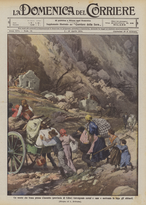 A mountain that landslides in Clauzetto (province of Udine) overwhelming fields and houses and fleeing the inhabitants (colour litho)