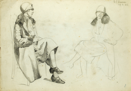 Study of seated woman with fur trimmed coat and hat, 19 March 1926 (pencil on paper)