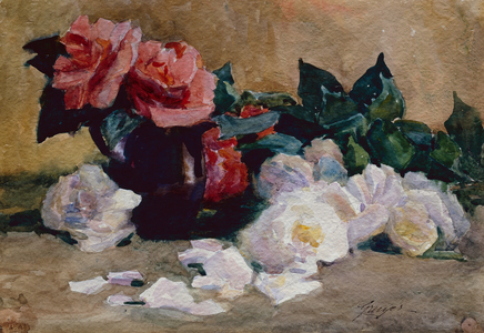 Pink and White Roses on a Ledge (pencil and watercolour)