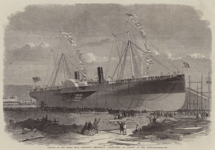 Launch of the Ocean Mail Company's Steam-Ship "Connaught," at Jarrow, on the Tyne (engraving)
