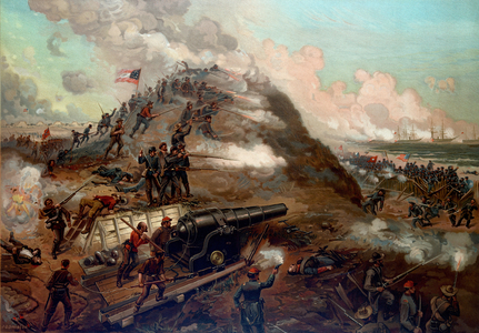 American Civil War 1861-1865: Second Battle of Fort Fisher, 13-15 January 1865. Capture of Fort Fisher by Union (Northern) forces. Confederate (Southern) forces attempting to repel the landing party. Print c1887. 