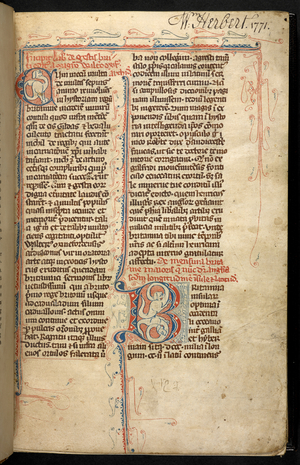 Egerton 3142, f.1r, Text with an illuminated initial, 'B', from Historia Regum Britanniae, by Geoffrey, of Monmouth, c.1294 (vellum)
