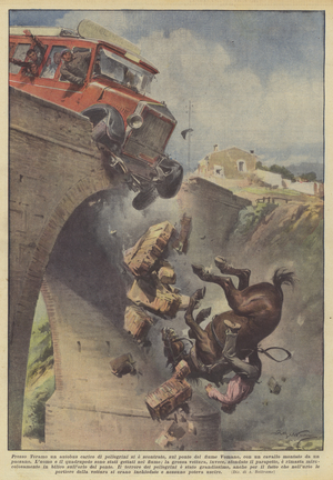 At Teramo a bus loaded with pilgrims collided on the bridge of the Vomano river  (colour litho)