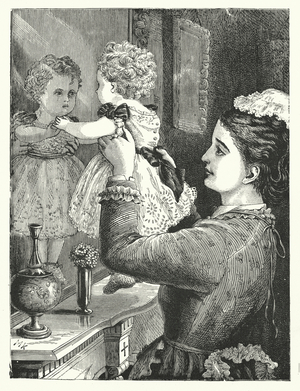 Finding a new baby brother in the mirror (engraving)
