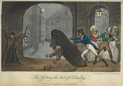 'Tom getting the Best of a Charlie'. Playing a joke on a nightwatchman, 'Life in London, etc.', by Pierce Egan, 1823 (colour litho)
