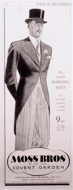 mens moss bros city gent suit top hats, UK, 1930s (print)