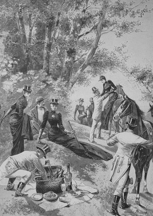 Sunday outing on horseback, courtly society, picnic, 1888, Germany