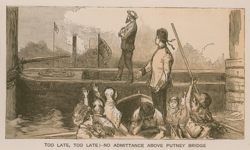 Reminiscences of an Oxford and Cambridge Boat Race: Too late, too late! No admittance above Putney Bridge (engraving)