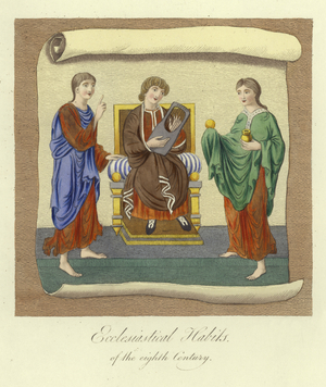 Ecclesiastical habits of the 8th Century (coloured engraving)
