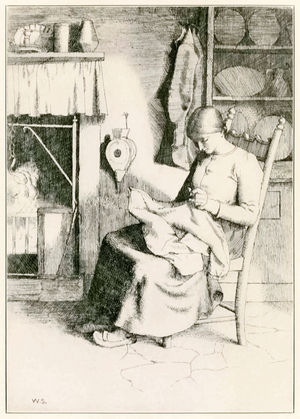 Mercy at Her Work' from 'The Pilgrim's Progress From This World, To That Which Is To Come' by John Bunyan (1628-1688) illustration by William Strang (1859-1921) Mercy makes and mends things for the poor.