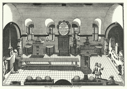 Chemistry laboratory at the University of Altdorf (engraving)