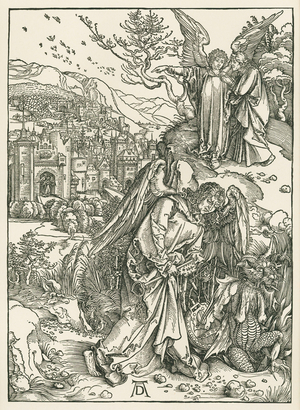 The Angel with the Key hurling the Dragon into the Abyss and another Angel showing Saint John the New Jerusalem, c.1497-98 (woodcut)