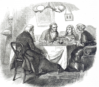 Engraving depicting young girl and her family having dinner at home, 19th century