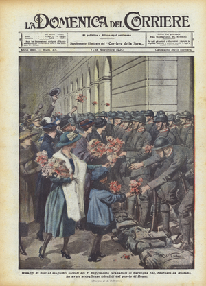 Flower tributes to the magnificent soldiers of the 1st Grenadier Regiment of Sardinia who  (colour litho)