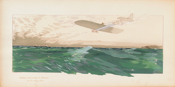 Louis Bleriot (1872-1936) Crossing the English Channel; Bleriot traversant la Manche, 1909 (colour lithograph)