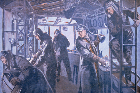 In the forward control gondola of a Zeppelin, 1917 (colour litho)