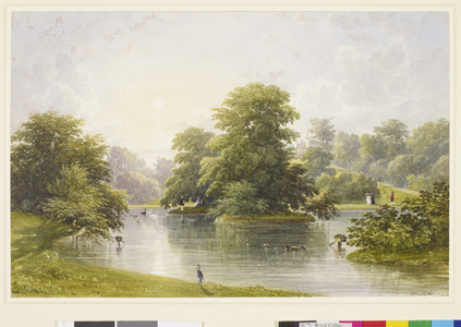 Buckingham Palace: gardens, lake and Garden Pavilion, c. 1845 (w/c & gouache on paper)