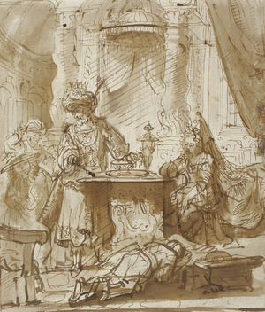 The Degradation of Haman before Ahasuerus and Esther (pen & brown ink, with brush & brown wash, on ivory laid paper)