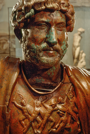 Head and breastplate of Emperor Hadrian in Israel Museum. Jerusalem, Israel., 1980s (photo)