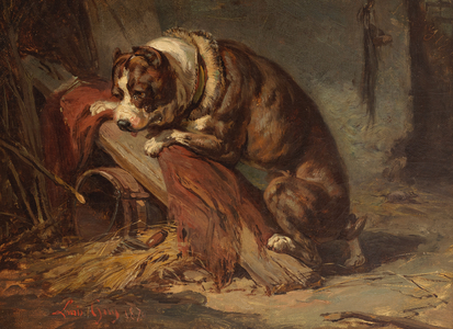 Ratting in a barn (oil on canvas)