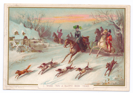 Victorian New Year card of a hunting party on horses chasing a fox, c.1880 (colour litho)