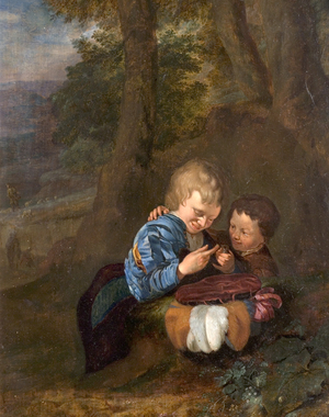 Two Boys with a Bird (The Birdcatchers) (oil on wood)