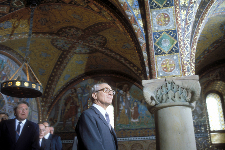 Chairman of the Council of State Erich Honecker (right, GDR SED) visits the Eagle Chapter of the Central Column..., 1983 (photo)